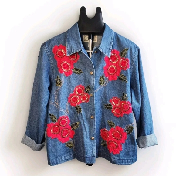 Tantrums Tops - Vintage Tantrums Embroidered Denim Shirt w/ Velvet  Sequin Roses – Small